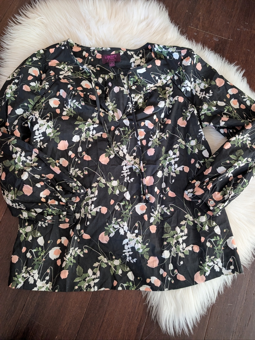 J Crew Liberty Of London Long Sleeve Blouse Black Cotton Floral Poppy Peasant S